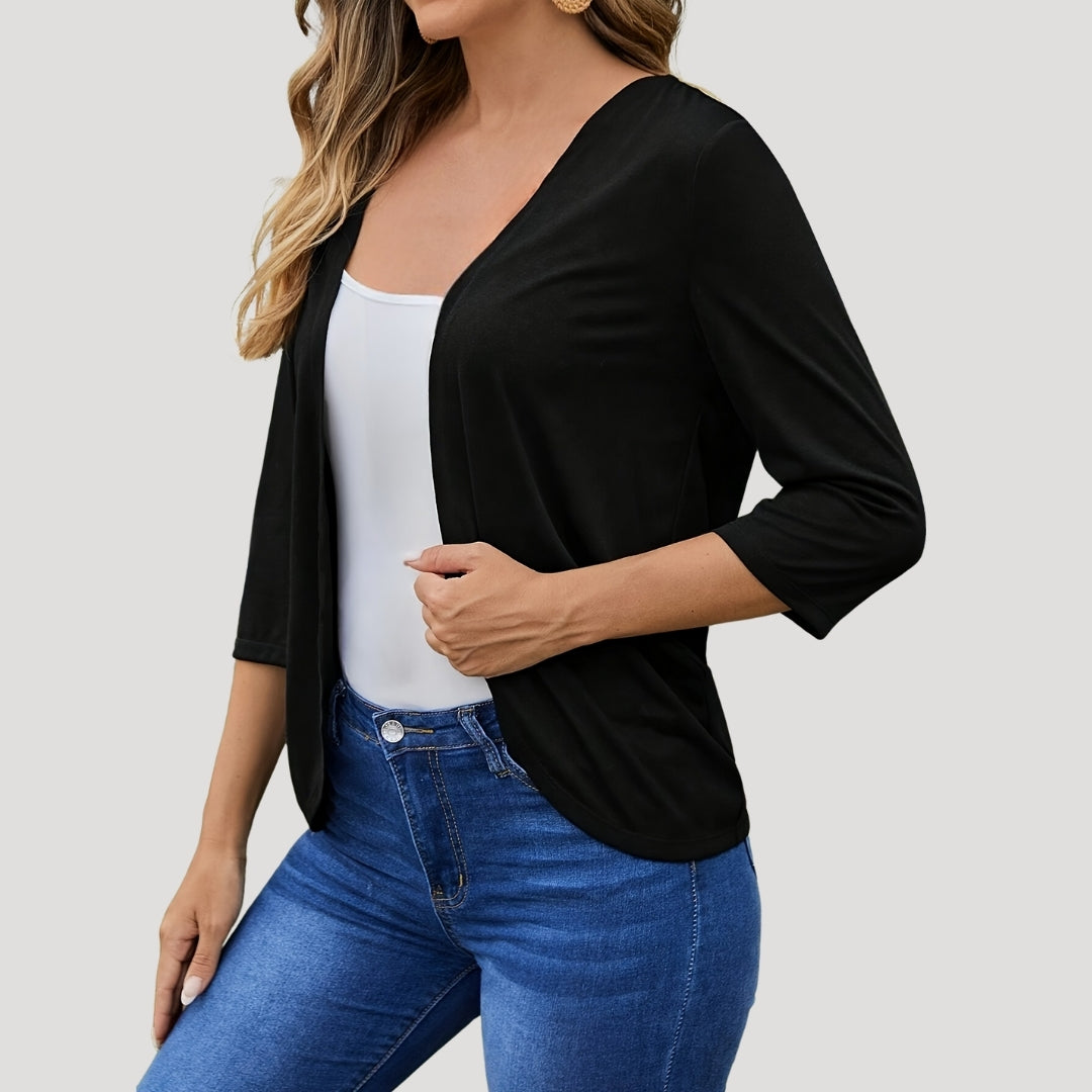 Women’s open front cardigan with three quarter sleeves layering knitwear for office or casual wear