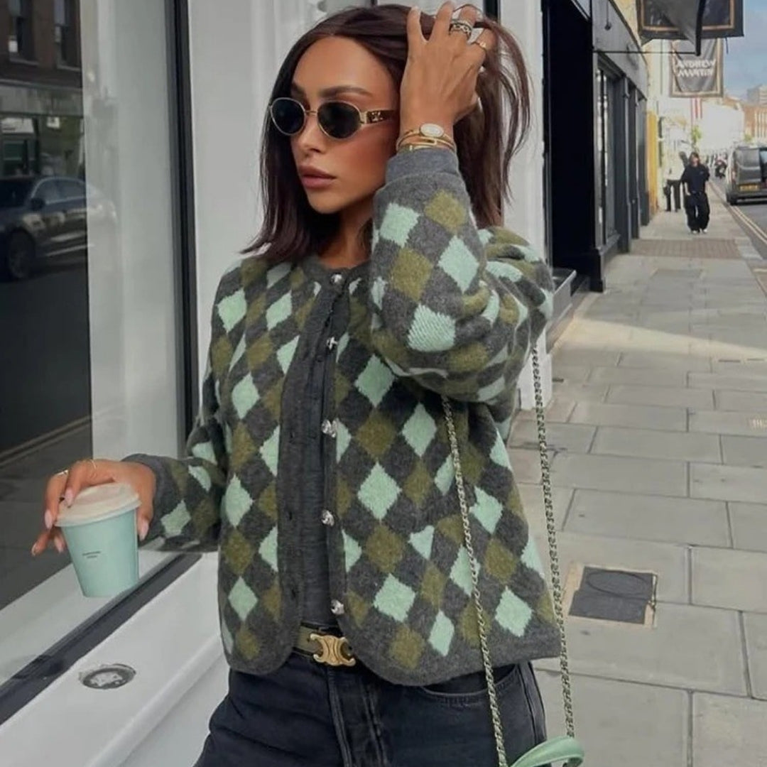Women’s cropped argyle knit button up cardigan retro spring knitwear top