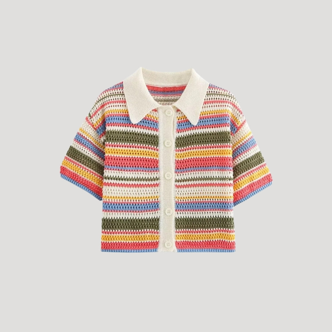 Women’s crochet knit striped cardigan short sleeve cropped summer top