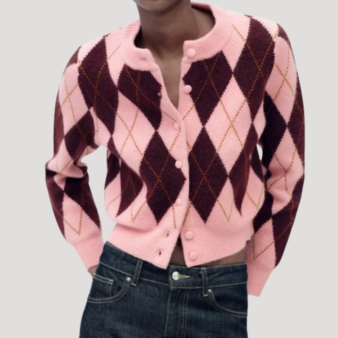Women’s cropped argyle knit cardigan button up for casual wear or layering