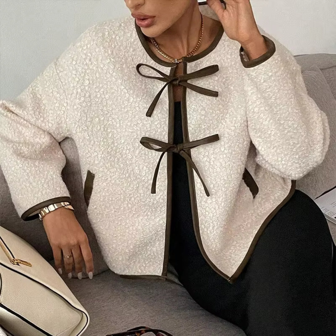 Women's cropped fleece jacket with tie front – long sleeve winter cardigan style