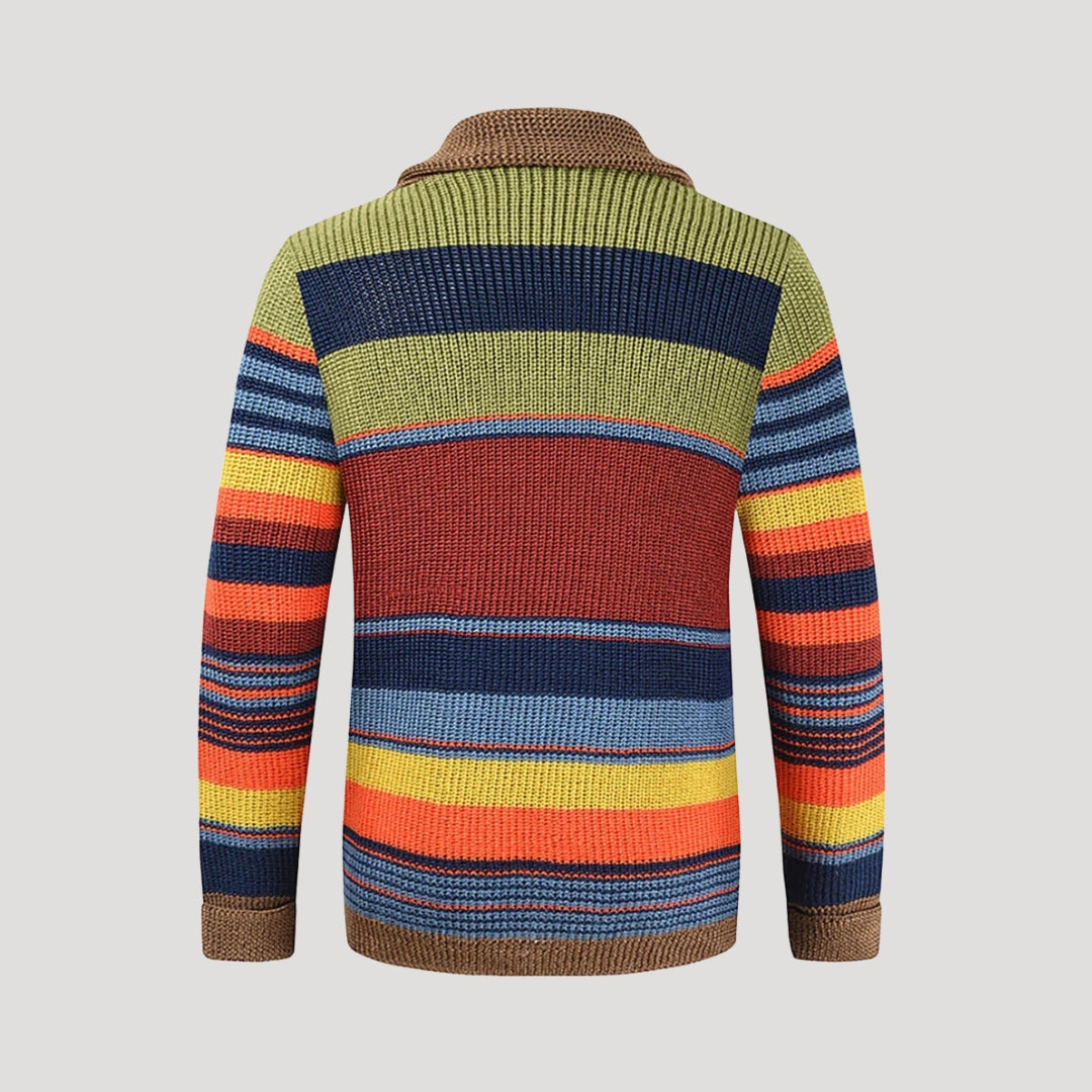 Women’s chunky knit shawl collar cardigan with striped pattern and wooden buttons