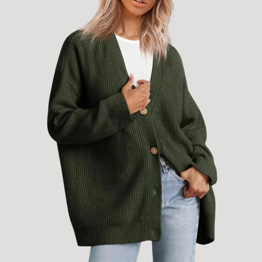 Women’s oversized knit cardigan with button front in chunky ribbed design for layering