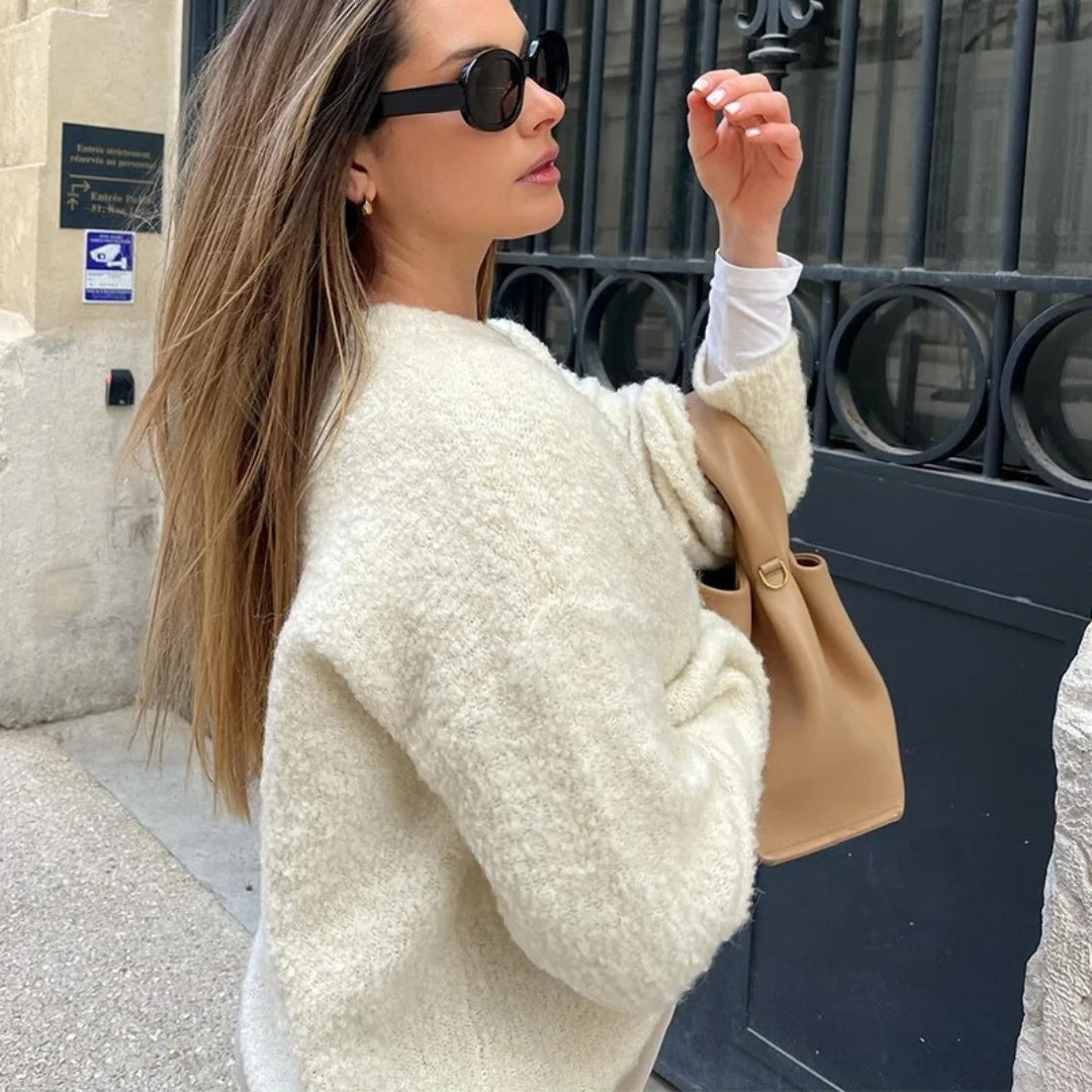 Women’s bouclé button up cardigan oversized knit for casual and smart layering