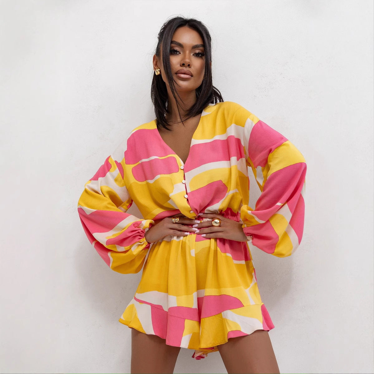 Abstract Print Long Sleeve V-Neck Playsuit – Cinched Waist Fit