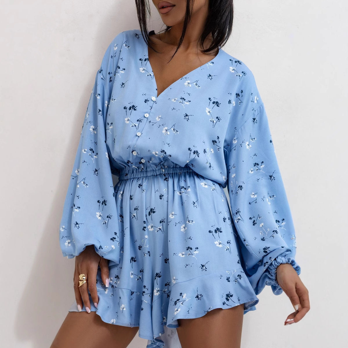 Abstract Print Long Sleeve V-Neck Playsuit – Cinched Waist Fit