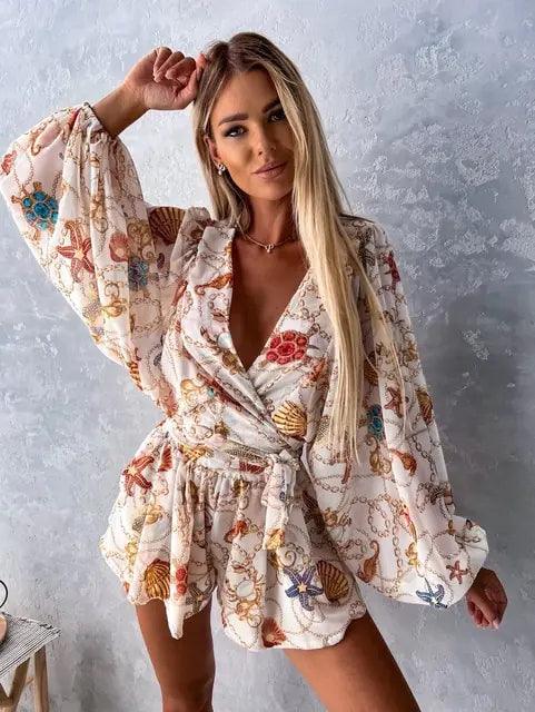 Boho Lace Playsuit – Women’s Deep V Neck Romper for Summer