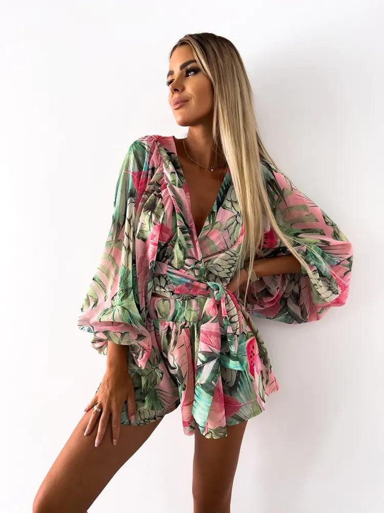 Boho Lace Playsuit – Women’s Deep V Neck Romper for Summer