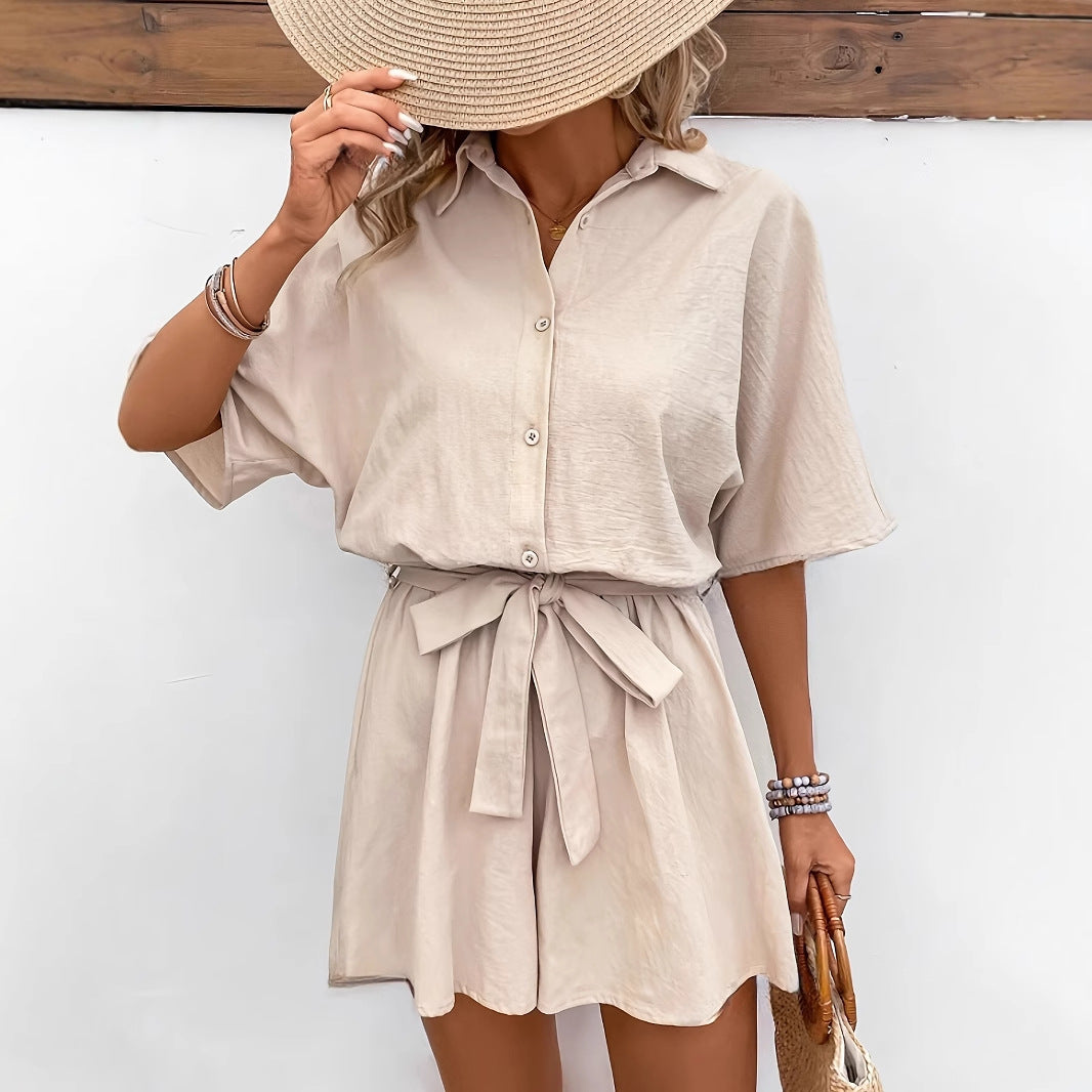 Cotton Belted Romper – Short Sleeve Button-Up Style