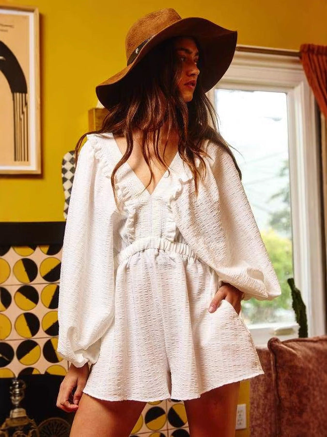 Cotton Puff-Sleeve V-Neck Romper with Ruffle Trim & Pockets