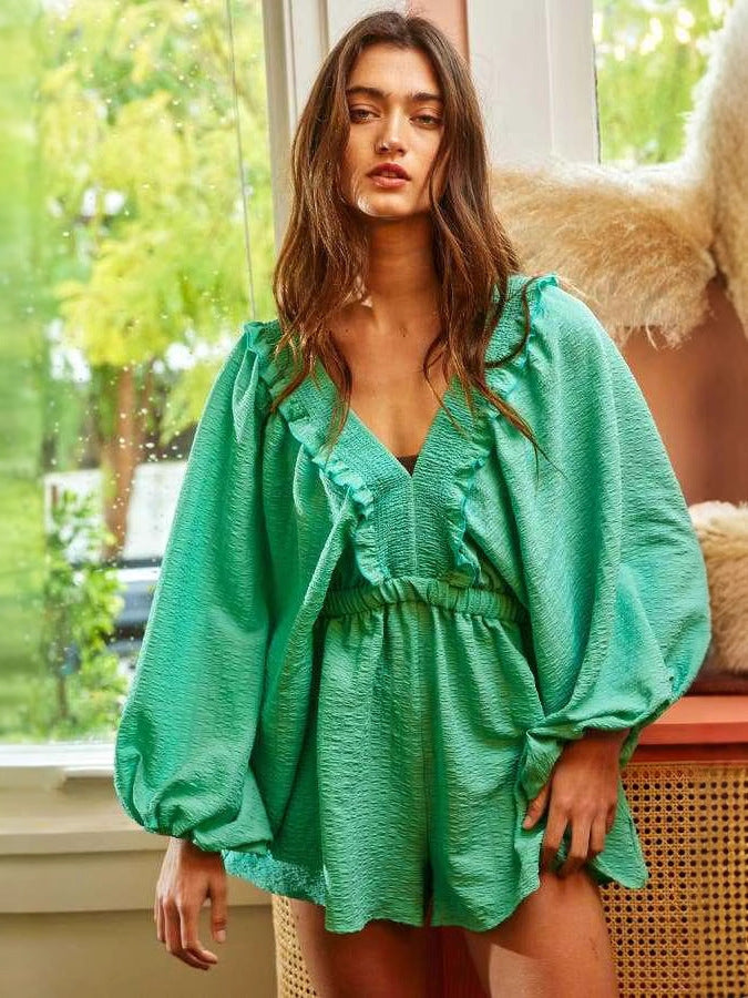 Cotton Puff-Sleeve V-Neck Romper with Ruffle Trim & Pockets