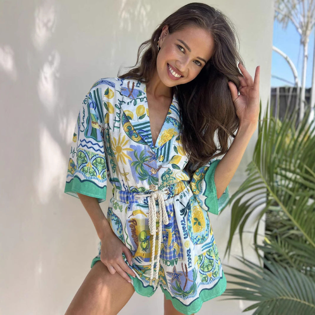 Floral Cotton Romper with Waist Tie – Relaxed Fit