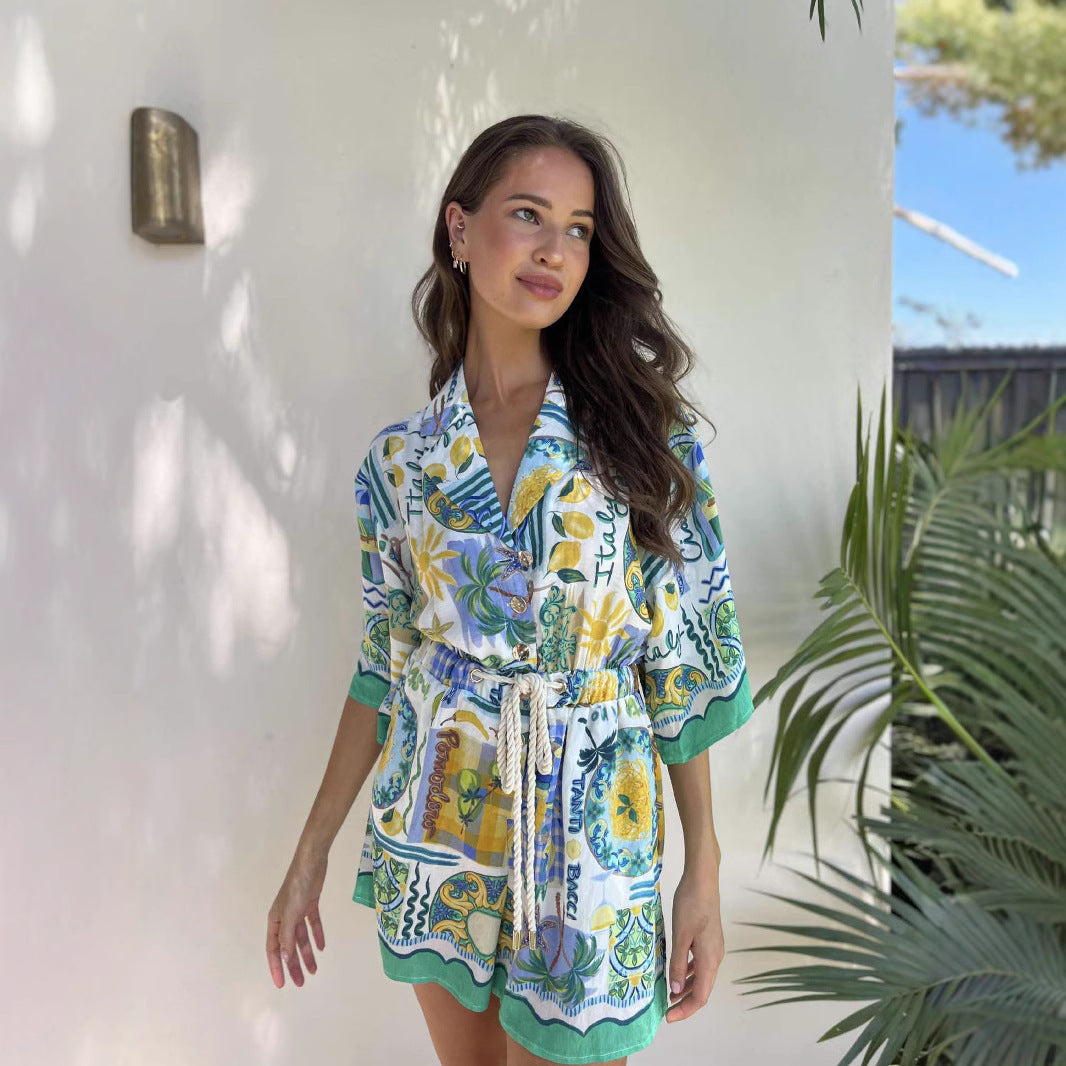 Floral Cotton Romper with Waist Tie – Relaxed Fit