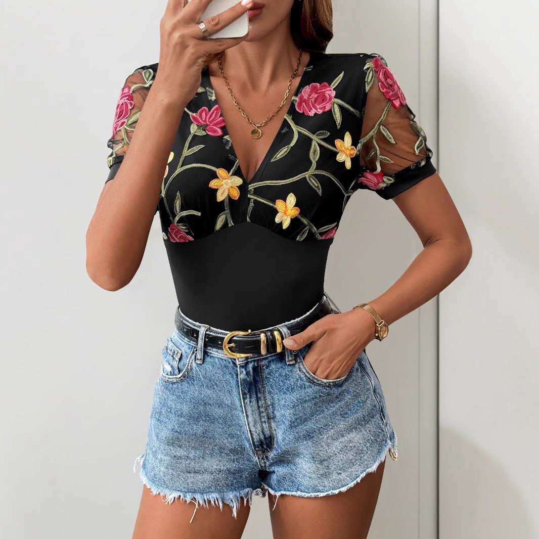 Floral Mesh Embroidered Bodysuit – V-Neck Slim Fit with Mesh Sleeves