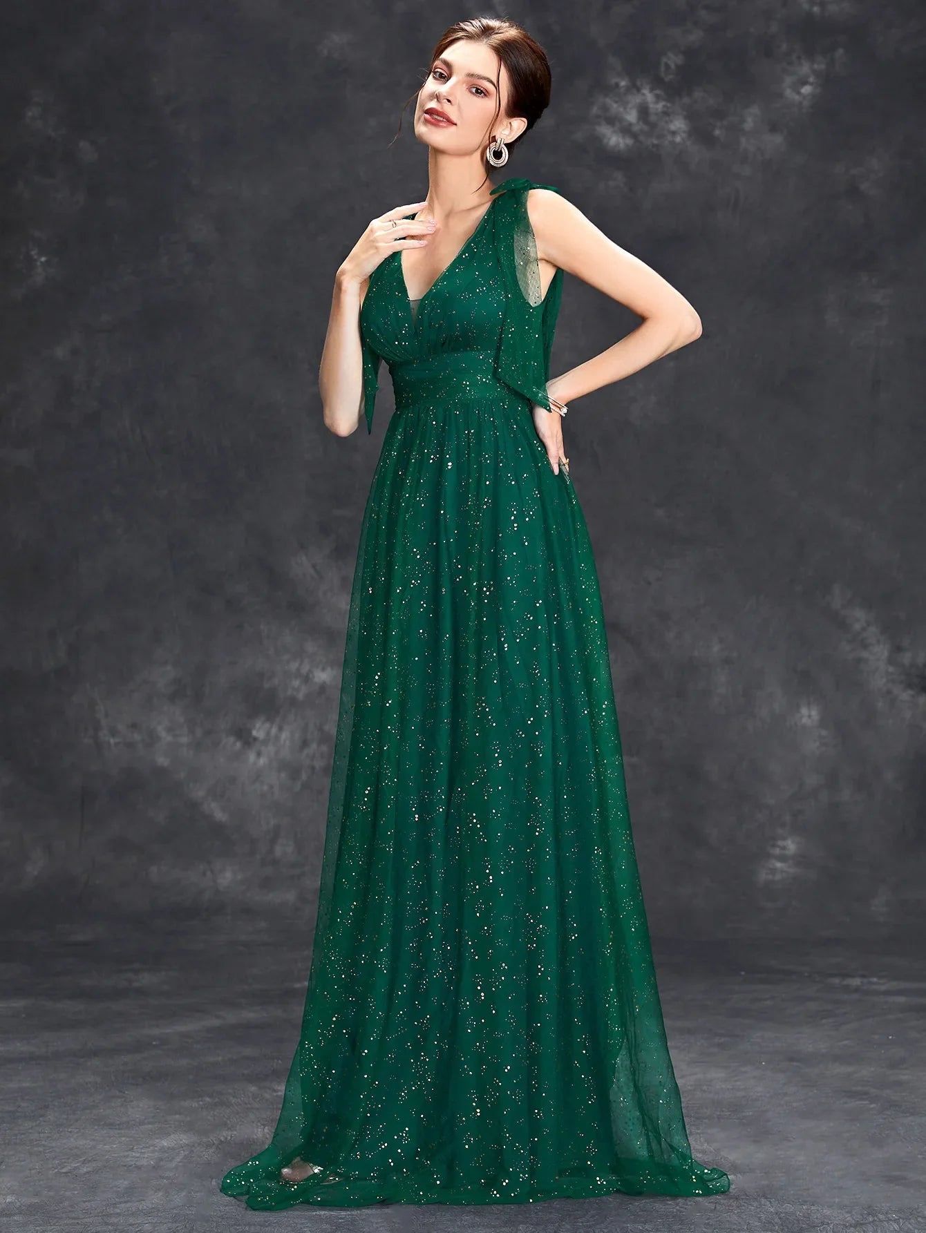 Glitter V-Neck Evening Gown Sleeveless Floor-Length Prom Dress