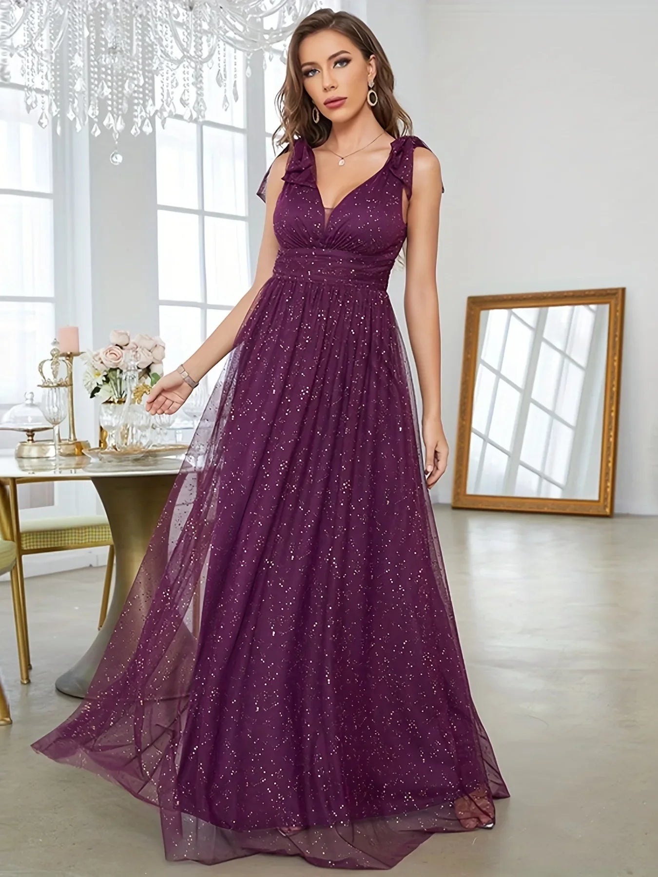 Glitter V-Neck Evening Gown Sleeveless Floor-Length Prom Dress