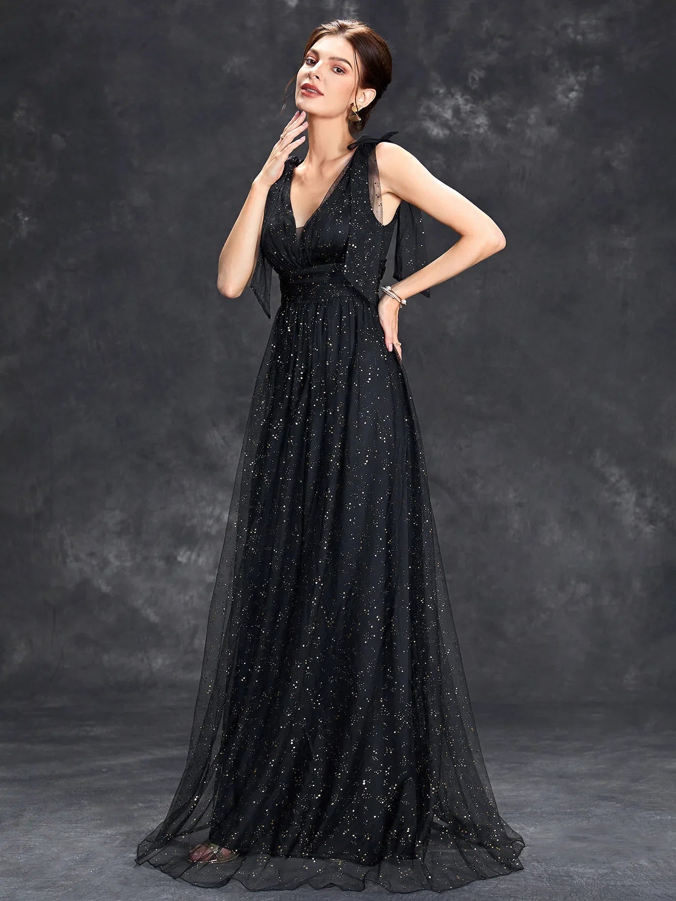 Glitter V-Neck Evening Gown Sleeveless Floor-Length Prom Dress