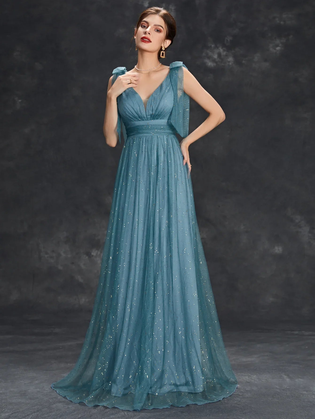 Glitter V-Neck Evening Gown Sleeveless Floor-Length Prom Dress
