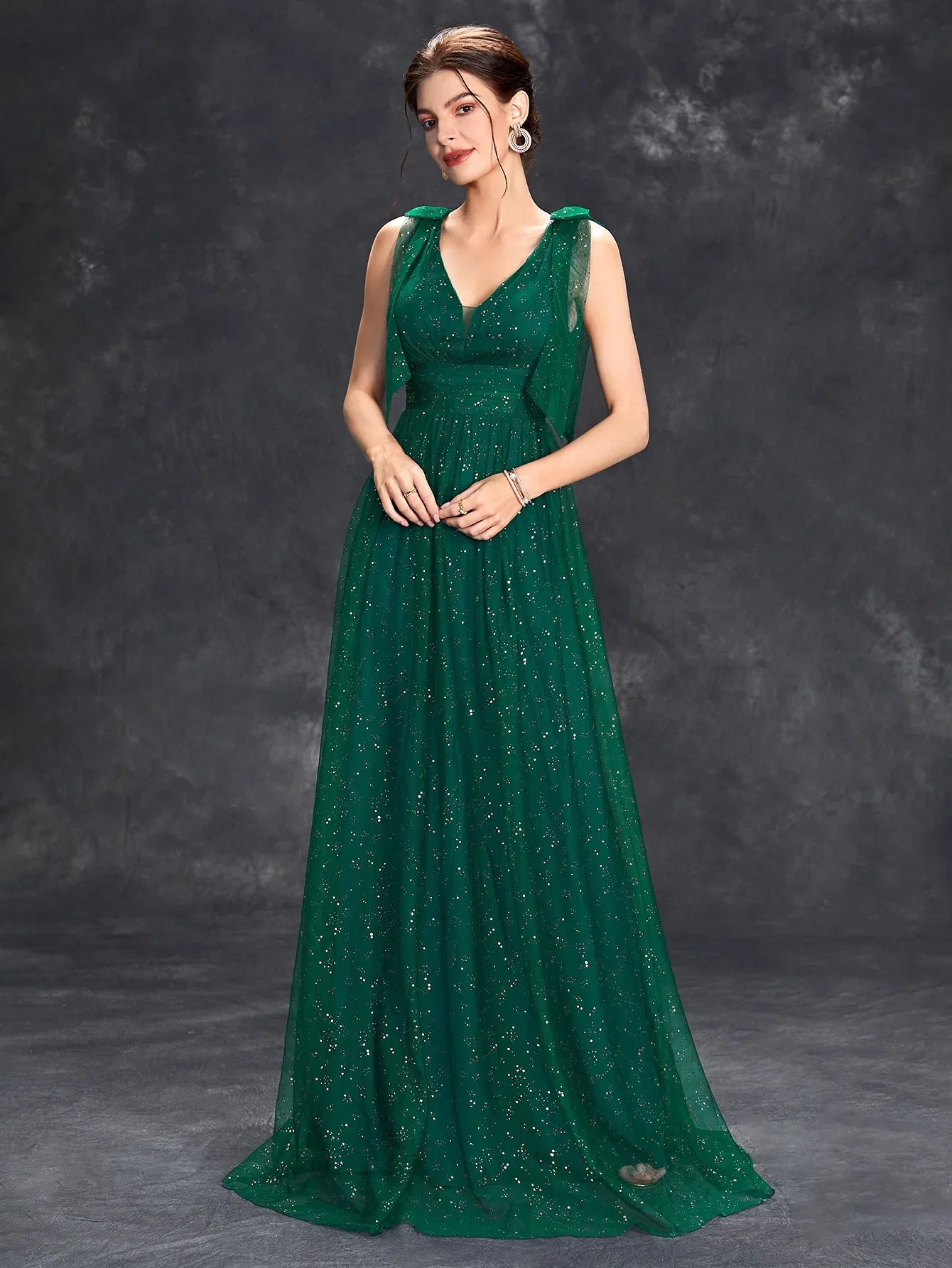 Glitter V-Neck Evening Gown Sleeveless Floor-Length Prom Dress