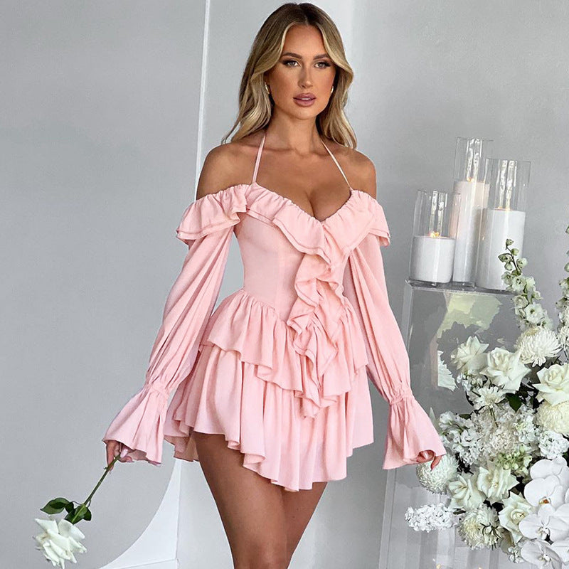 Halter Off-Shoulder Romper with Deep V Ruffle Front & Flowy Shorts