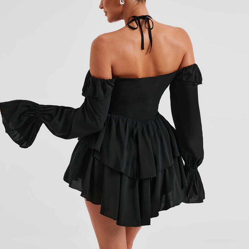 Halter Off-Shoulder Romper with Deep V Ruffle Front & Flowy Shorts