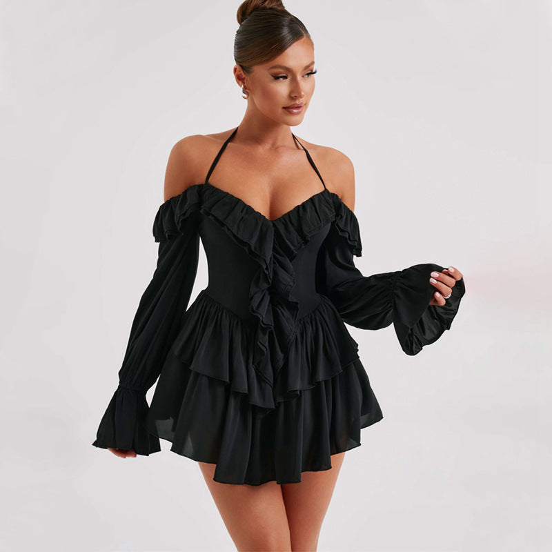 Halter Off-Shoulder Romper with Deep V Ruffle Front & Flowy Shorts