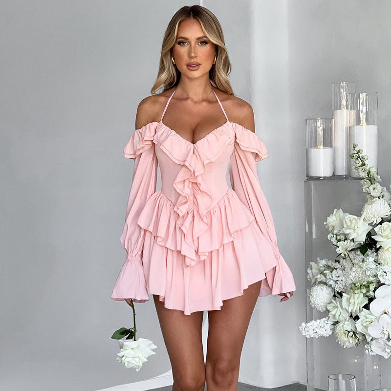 Halter Off-Shoulder Romper with Deep V Ruffle Front & Flowy Shorts