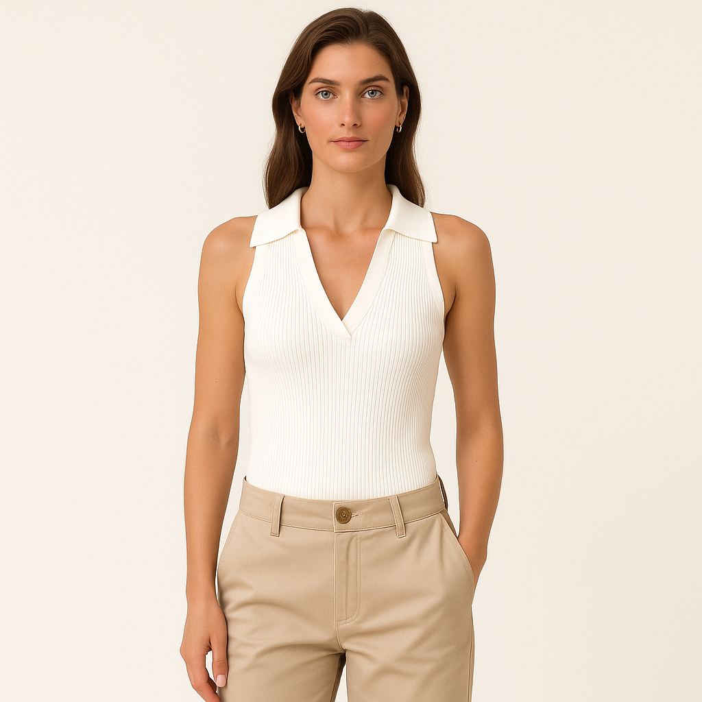 Ladies Sleeveless Ribbed Knitted V-Neck Top – Cole Clothing-White