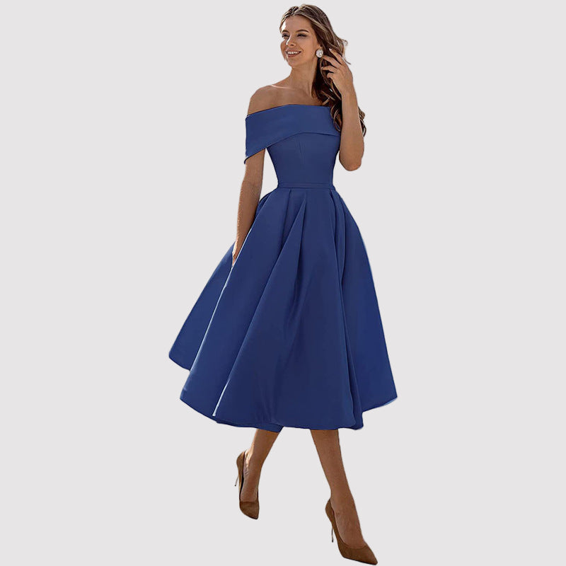 Off-Shoulder Pleated A-Line Midi Dress – Perfect for Weddings and Formal Events