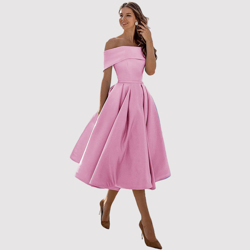 Off-Shoulder Pleated A-Line Midi Dress – Perfect for Weddings and Formal Events