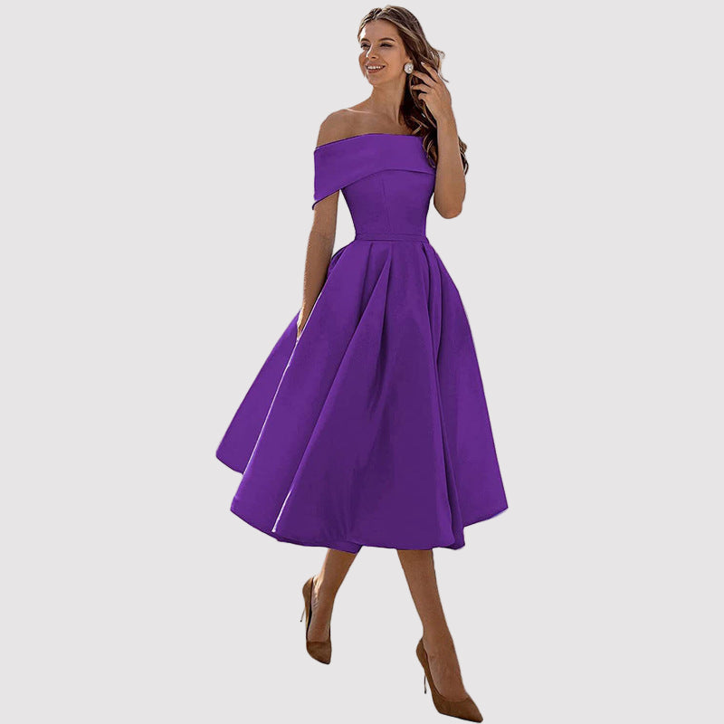 Off-Shoulder Pleated A-Line Midi Dress – Perfect for Weddings and Formal Events