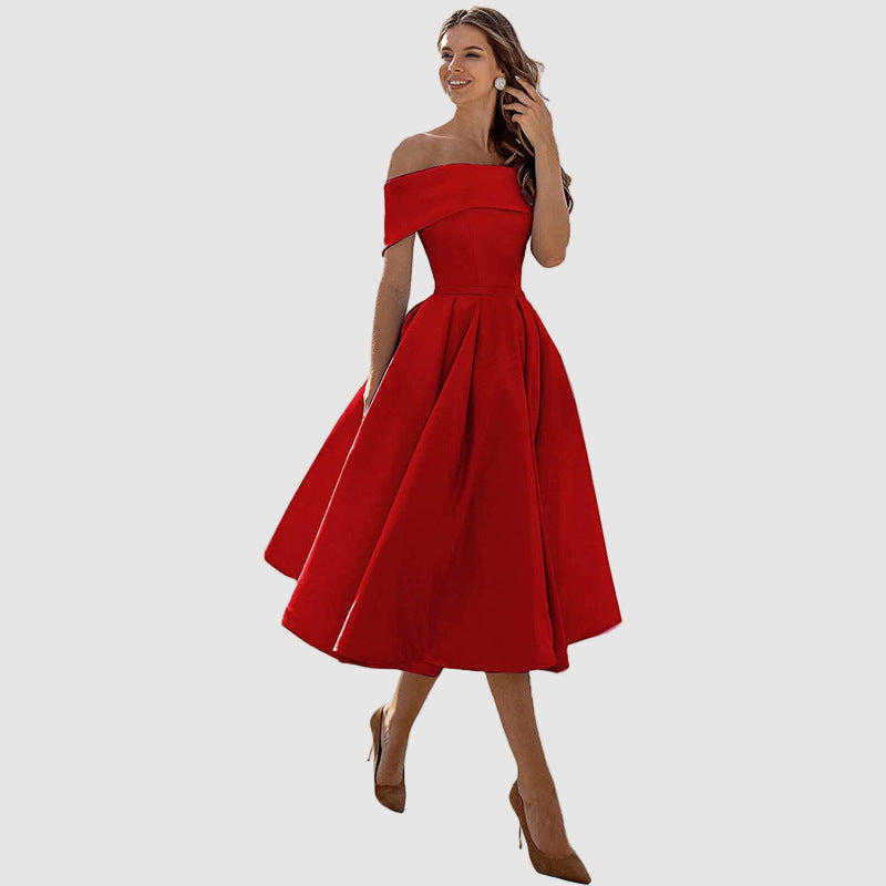 Off-Shoulder Pleated A-Line Midi Dress – Perfect for Weddings and Formal Events