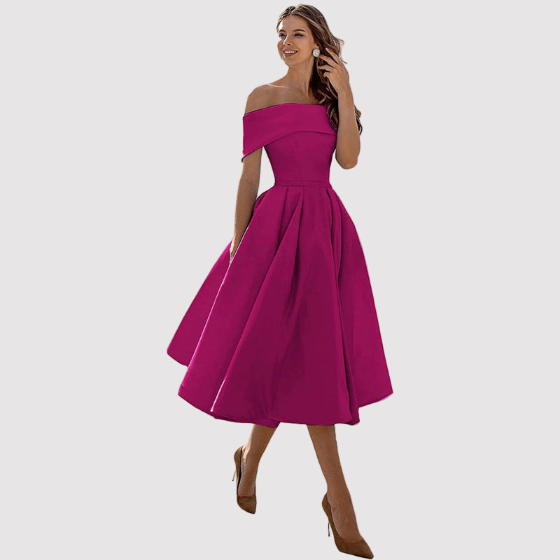 Off-Shoulder Pleated A-Line Midi Dress – Perfect for Weddings and Formal Events