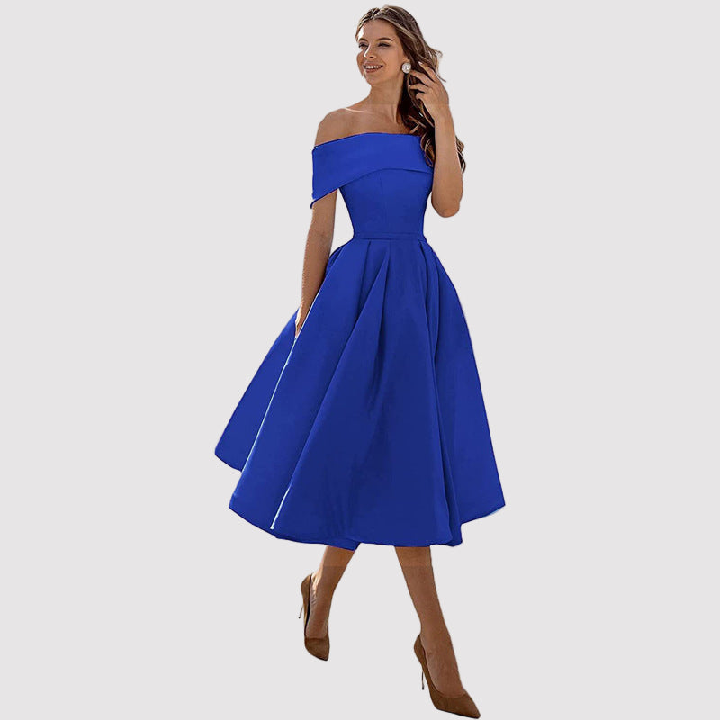 Off-Shoulder Pleated A-Line Midi Dress – Perfect for Weddings and Formal Events