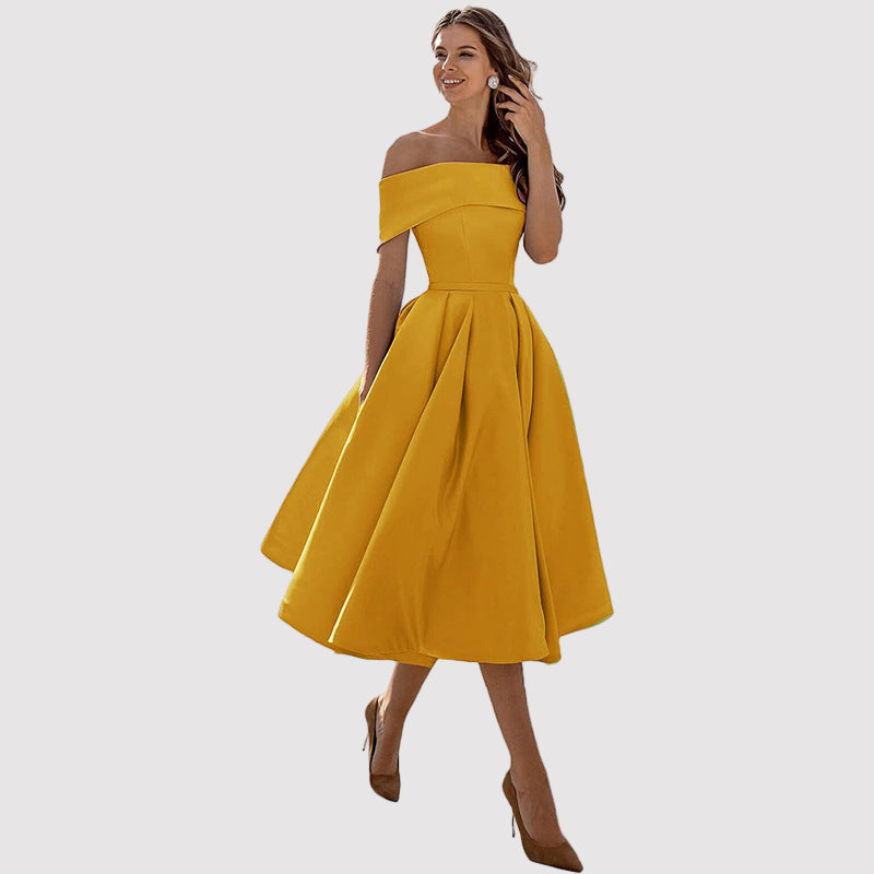 Off-Shoulder Pleated A-Line Midi Dress – Perfect for Weddings and Formal Events