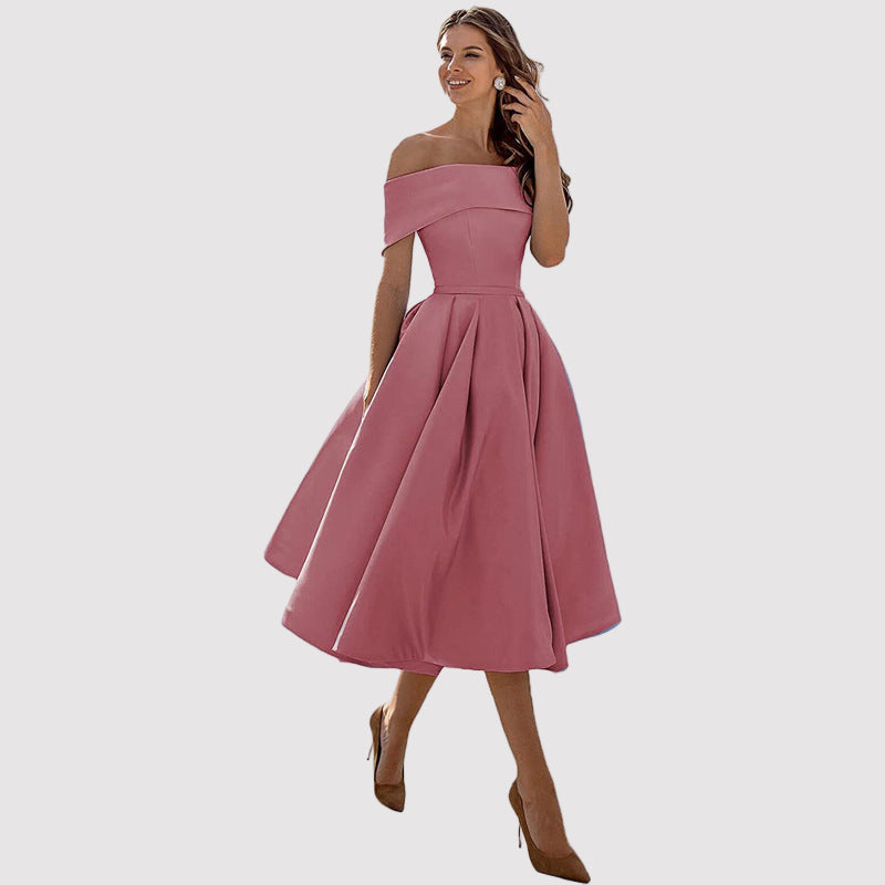 Off-Shoulder Pleated A-Line Midi Dress – Perfect for Weddings and Formal Events