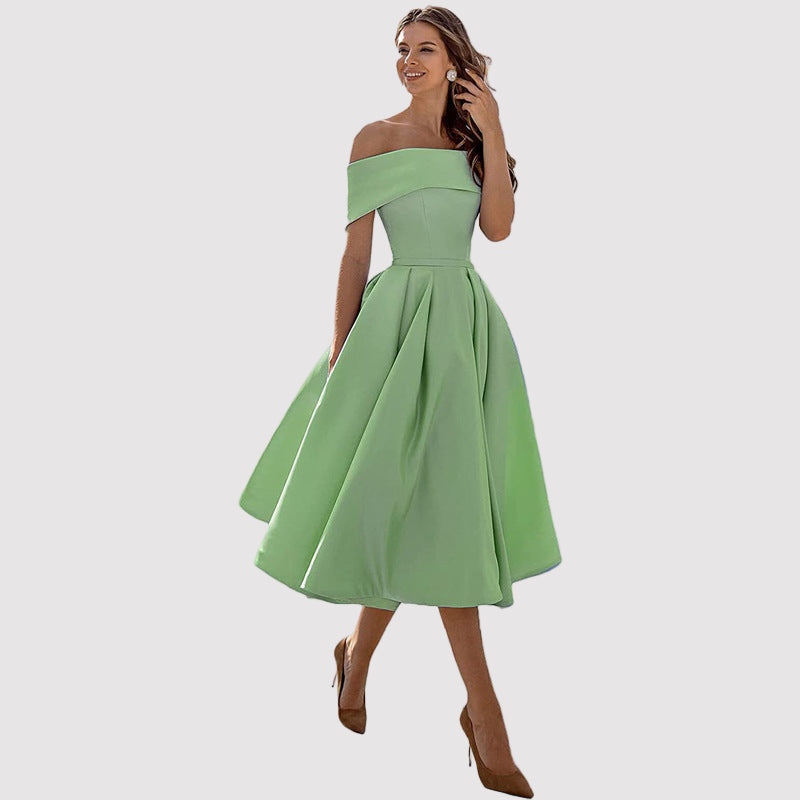 Off-Shoulder Pleated A-Line Midi Dress – Perfect for Weddings and Formal Events