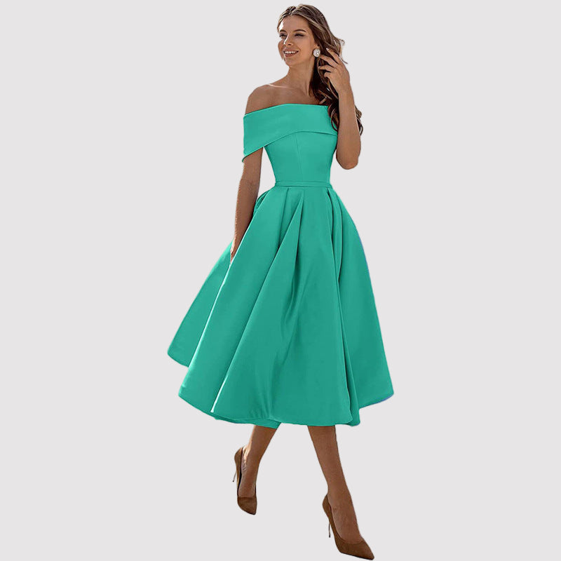 Off-Shoulder Pleated A-Line Midi Dress – Perfect for Weddings and Formal Events