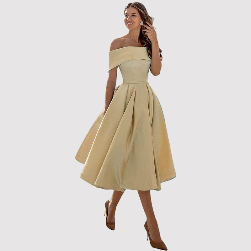 Off-Shoulder Pleated A-Line Midi Dress – Perfect for Weddings and Formal Events