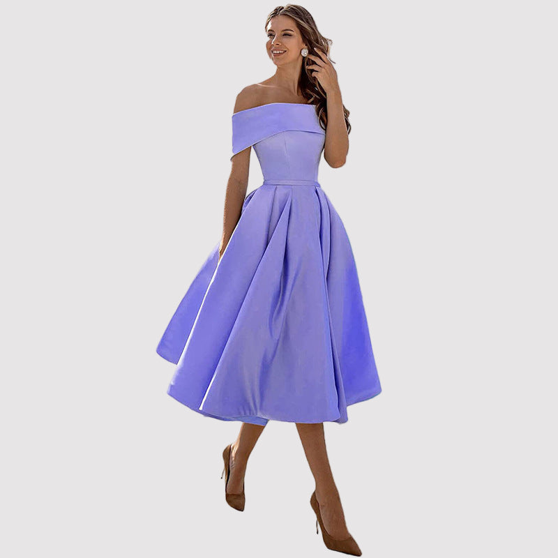 Off-Shoulder Pleated A-Line Midi Dress – Perfect for Weddings and Formal Events