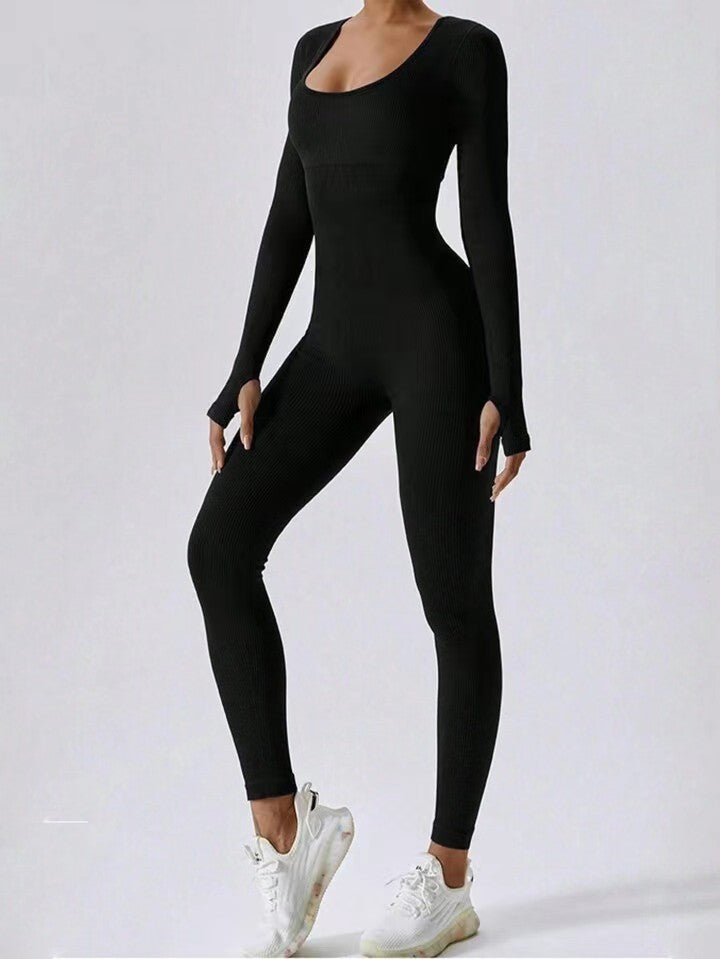 Ribbed Square-Neck Long-Sleeve Jumpsuit – Stretch Slim Fit