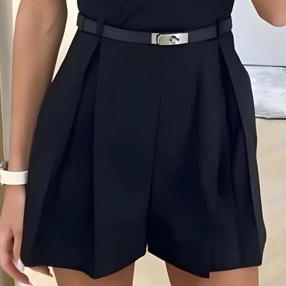 Sleeveless Wrap V-Neck Romper with Belt & Pleated Shorts