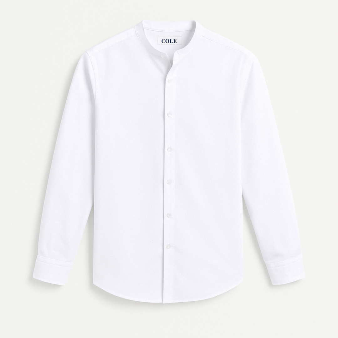 White Cotton-Linen Blend Grandad Collar Shirt – Long Sleeve Summer Fit