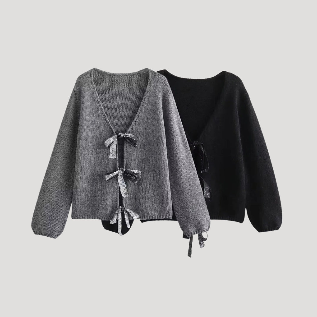 Women’s knit V-neck cardigan with back bow detail