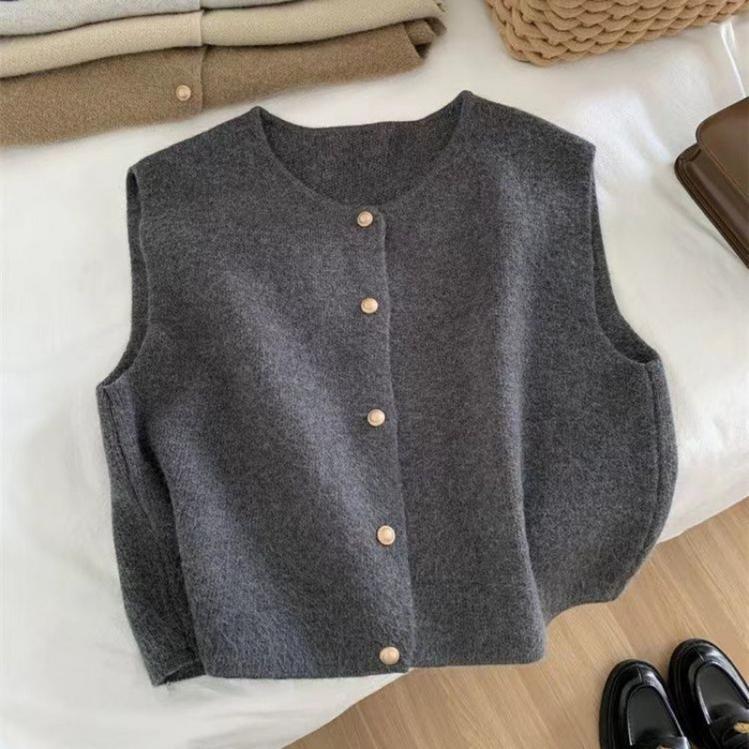 Women’s knitted sleeveless vest cardigan jumper with button front for layering