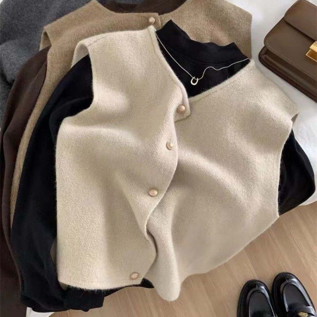 Women’s knitted sleeveless vest cardigan jumper with button front for layering