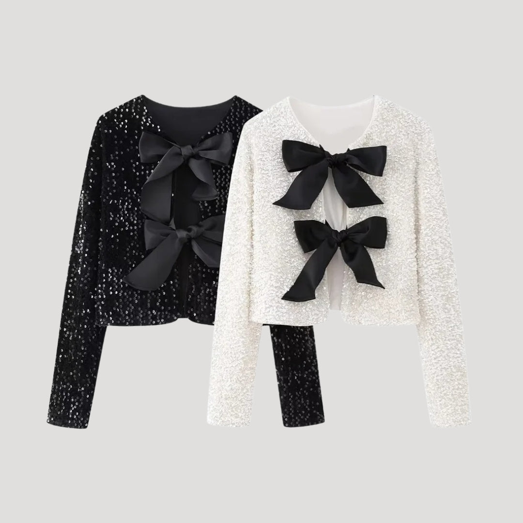 Women’s sequin cardigan with cropped fit and bow detail