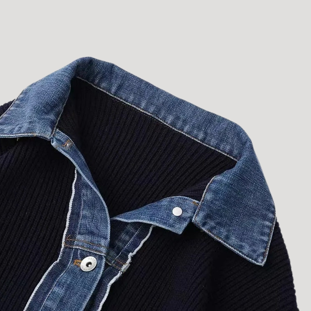 Women’s slim fit knit cardigan with contrast denim collar and button front