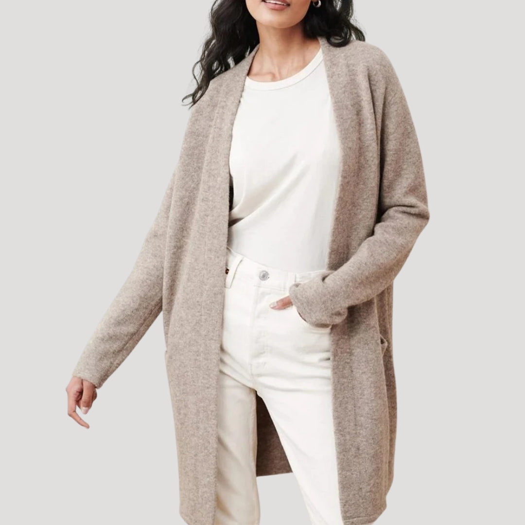 Women’s smart longline cardigan with pockets – open front knit layering piece