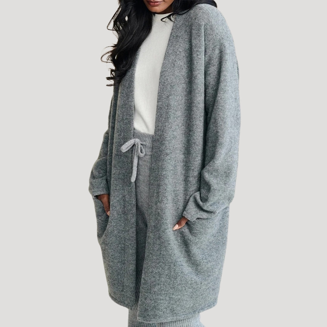 Women’s smart longline cardigan with pockets – open front knit layering piece